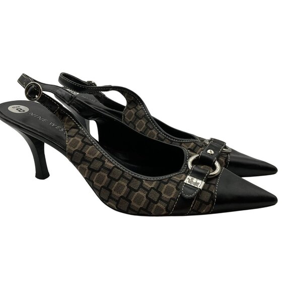 VTG Nine West Y2K 8 Slingback Pointed Toe Kitten Heels Shoes Buckle Brown Black - Picture 1 of 11